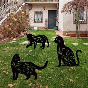 3 Pack Metal Cat Garden Statues Black Cat Silhouette Cat Decorative Garden Stake
